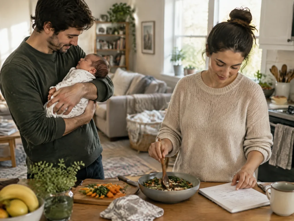 Two new parents sharing newborn-care tasks while preparing a meal and checking a routine list