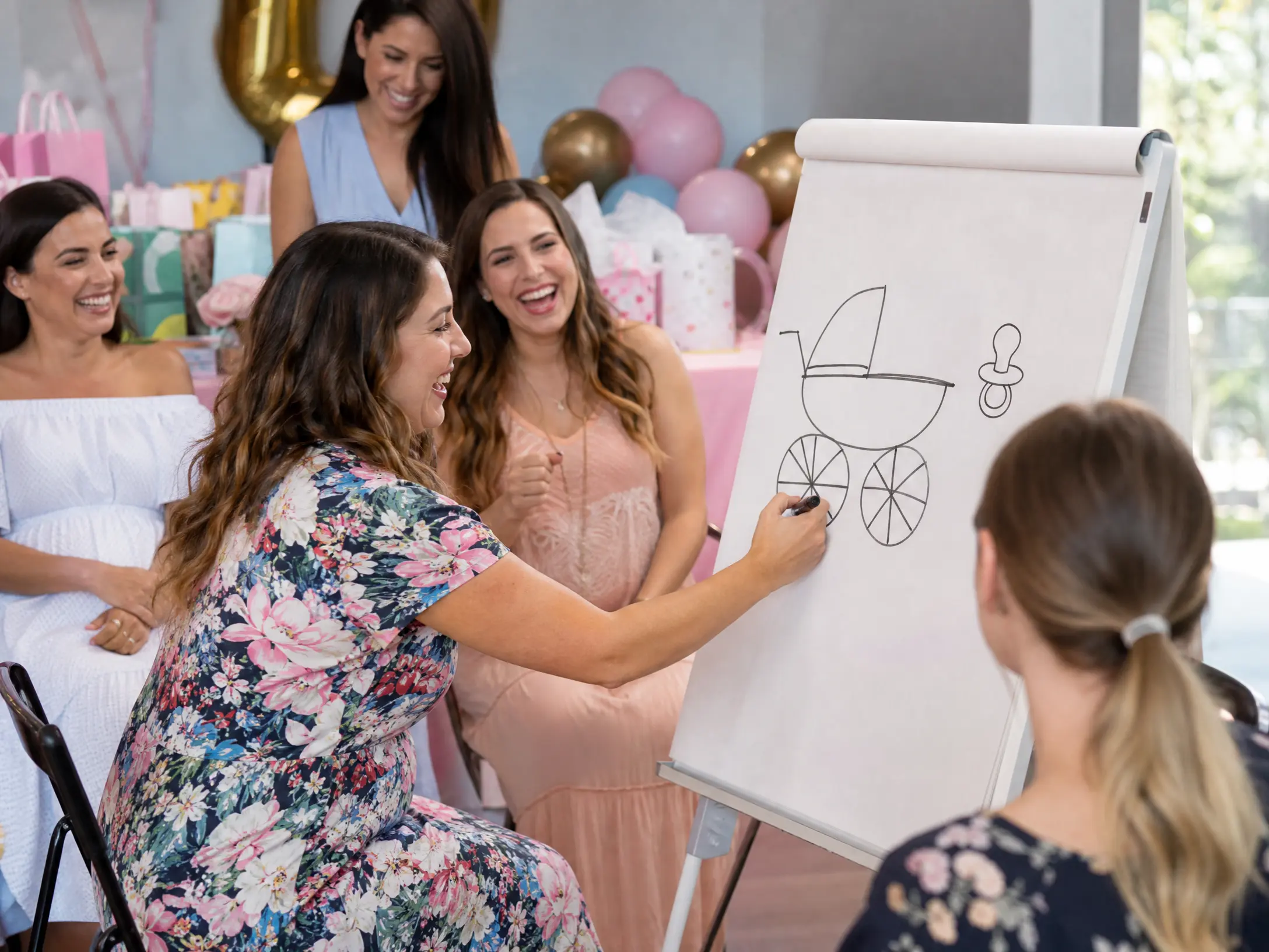 Guest drawing a baby-themed clue while teammates guess