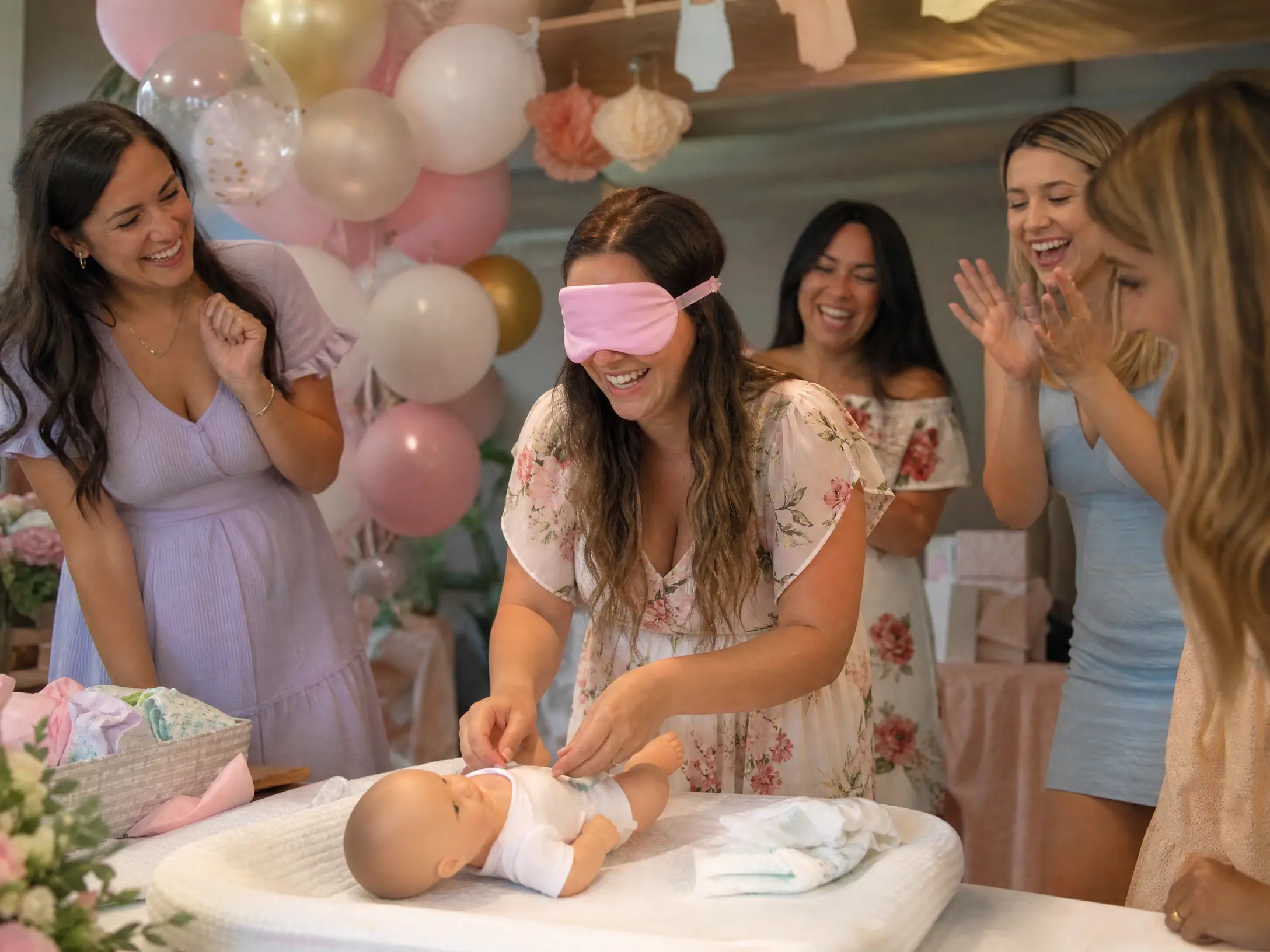 Guest attempting a blindfolded diaper change on a doll