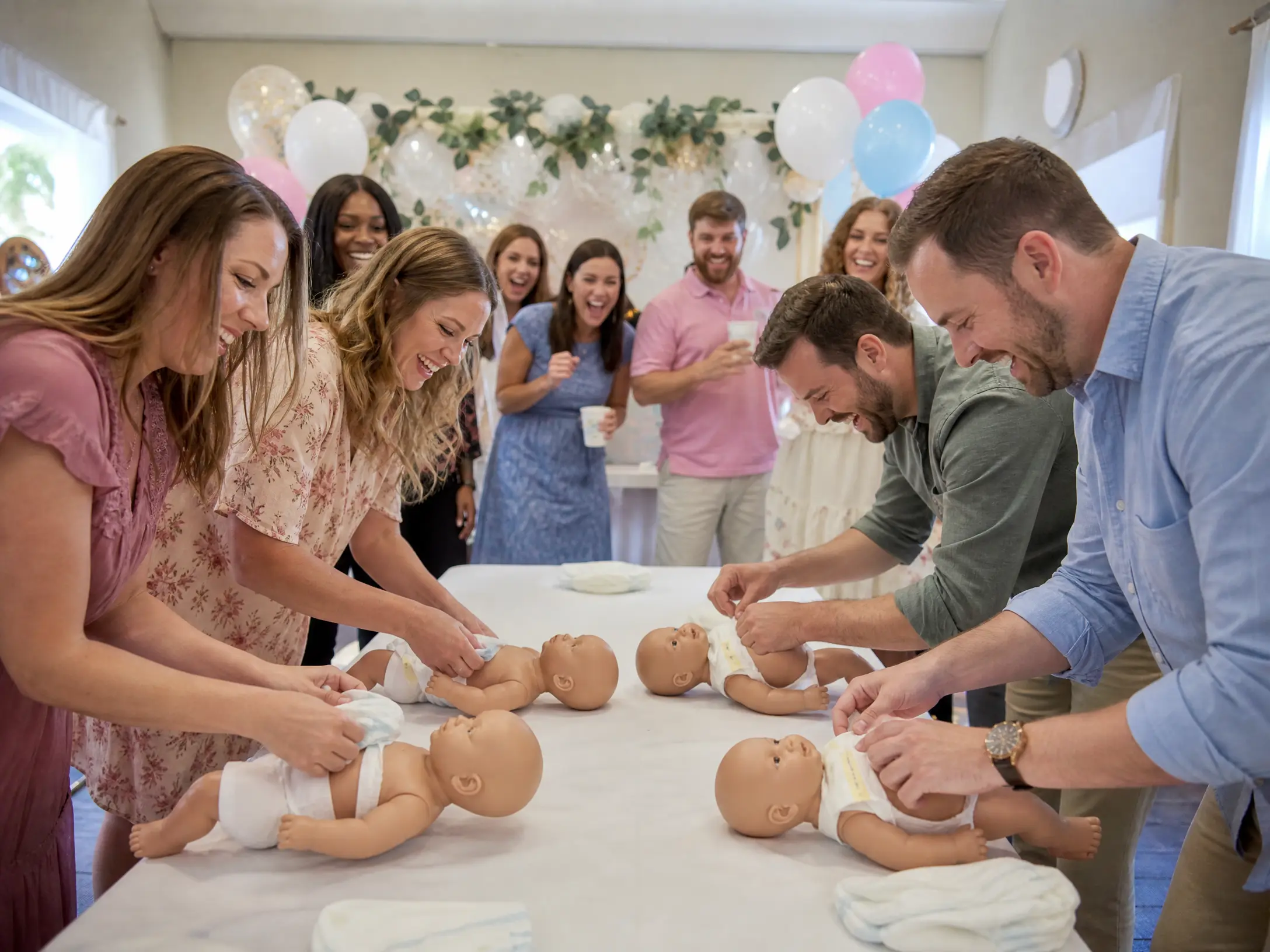 Teams laughing during a baby shower diaper relay with dolls