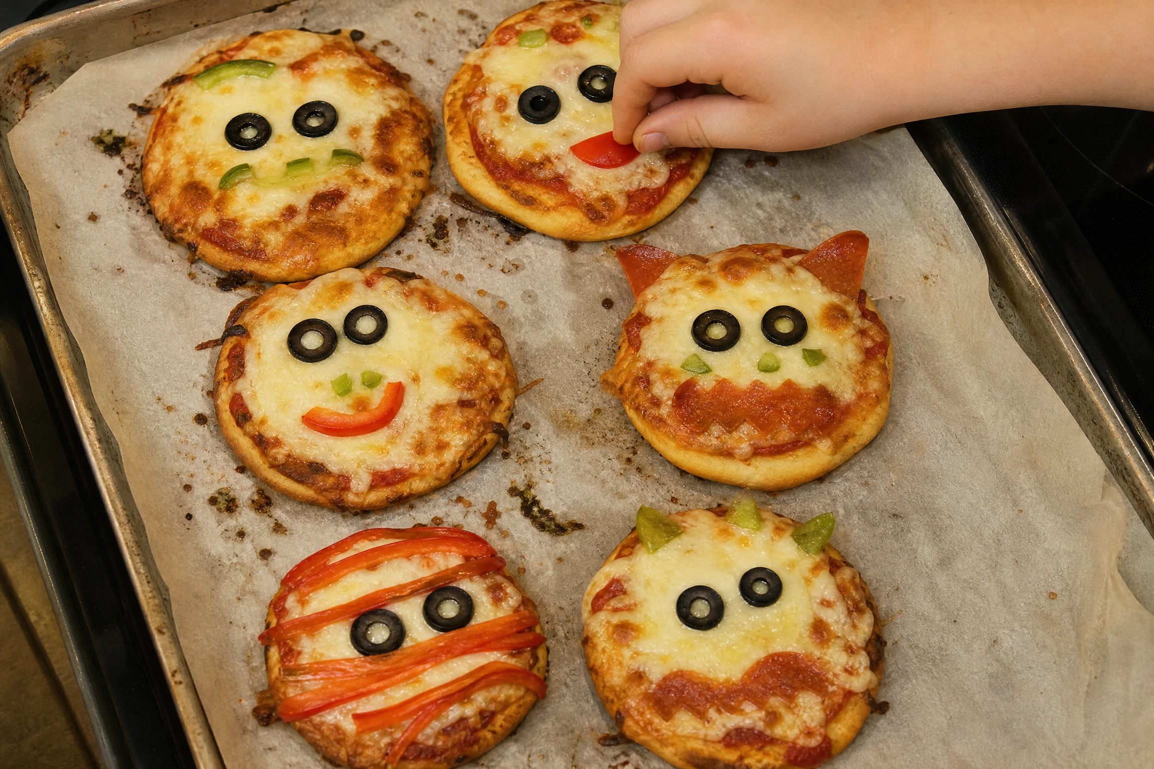 Mini monster pizzas made with cheese, vegetables, and playful toppings