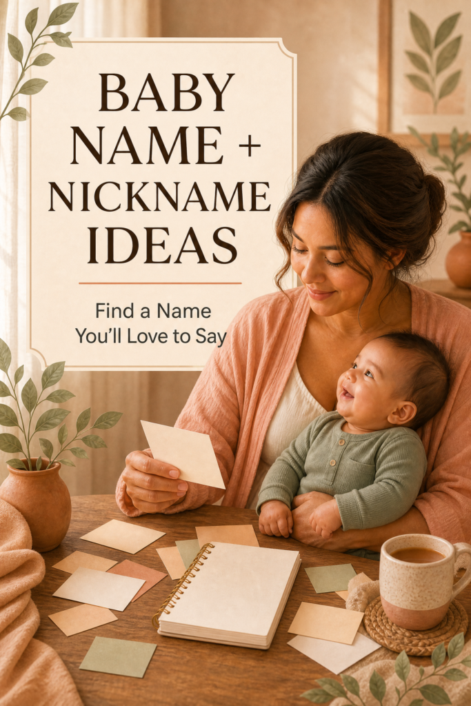A mother choosing baby-name cards with her baby boy for a nickname shortlist