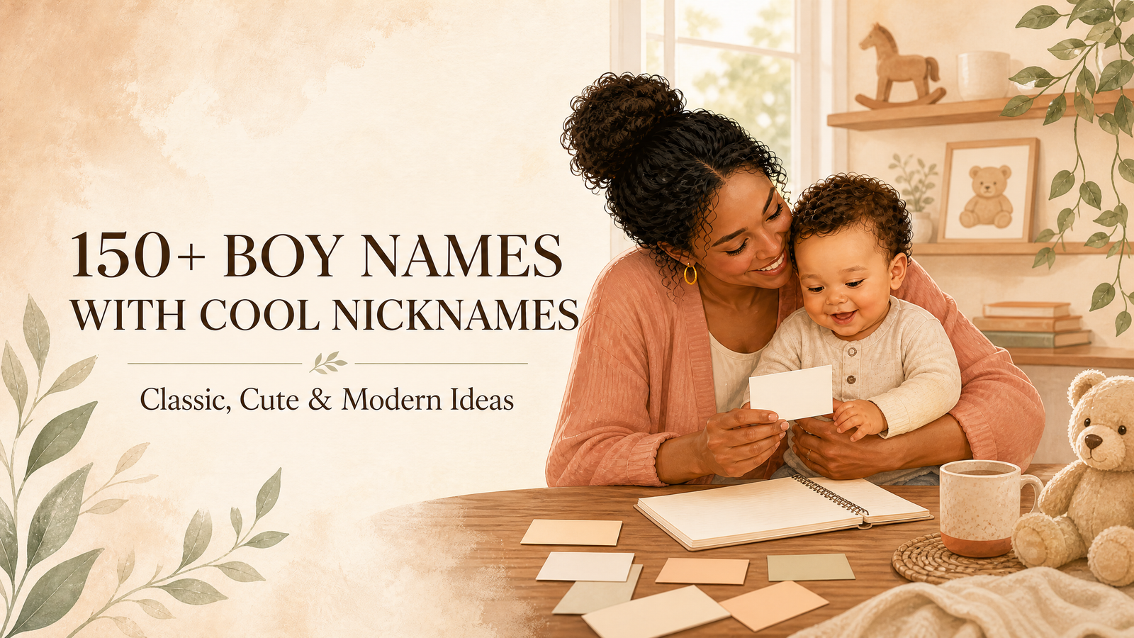 A mother cuddling her baby boy while choosing boys names with cool nicknames