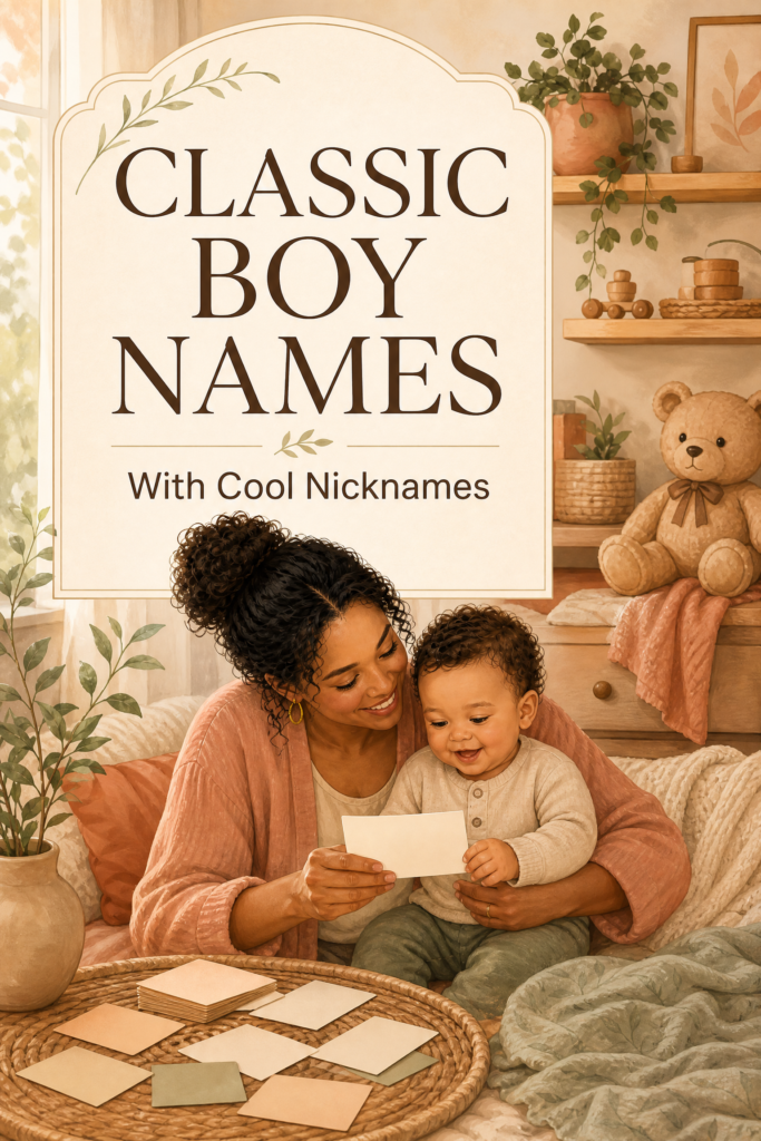 Classic boys names with cool nicknames and a mother choosing name cards with her baby