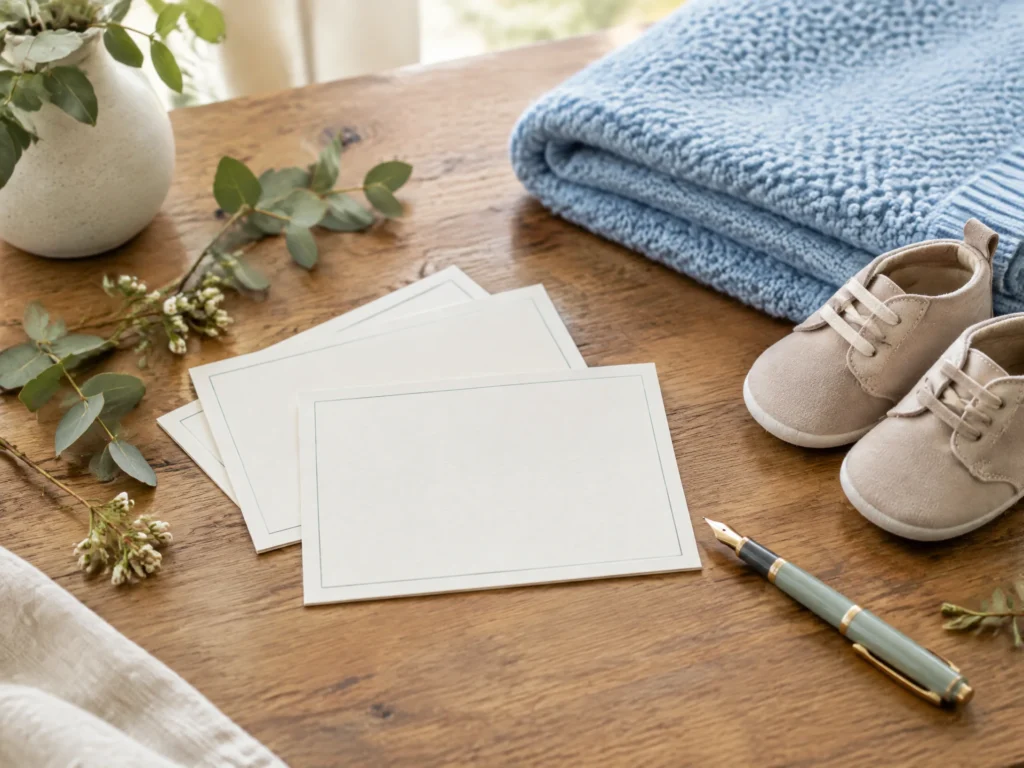 Baby-name cards, a blue knit blanket, baby shoes, and a fountain pen arranged on a table