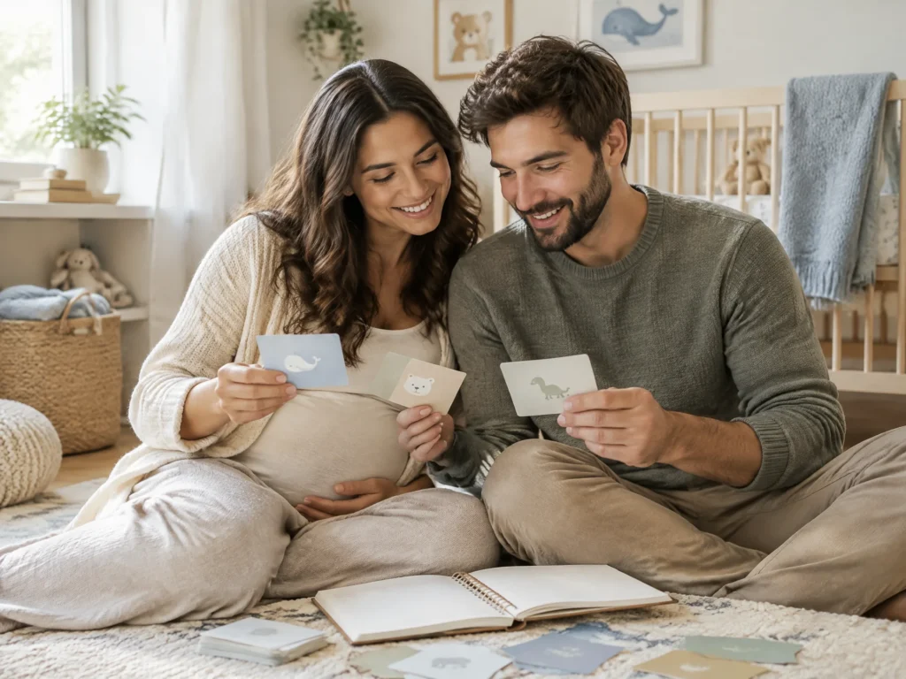Expectant parents smiling together while comparing baby boy name cards and a notebook
