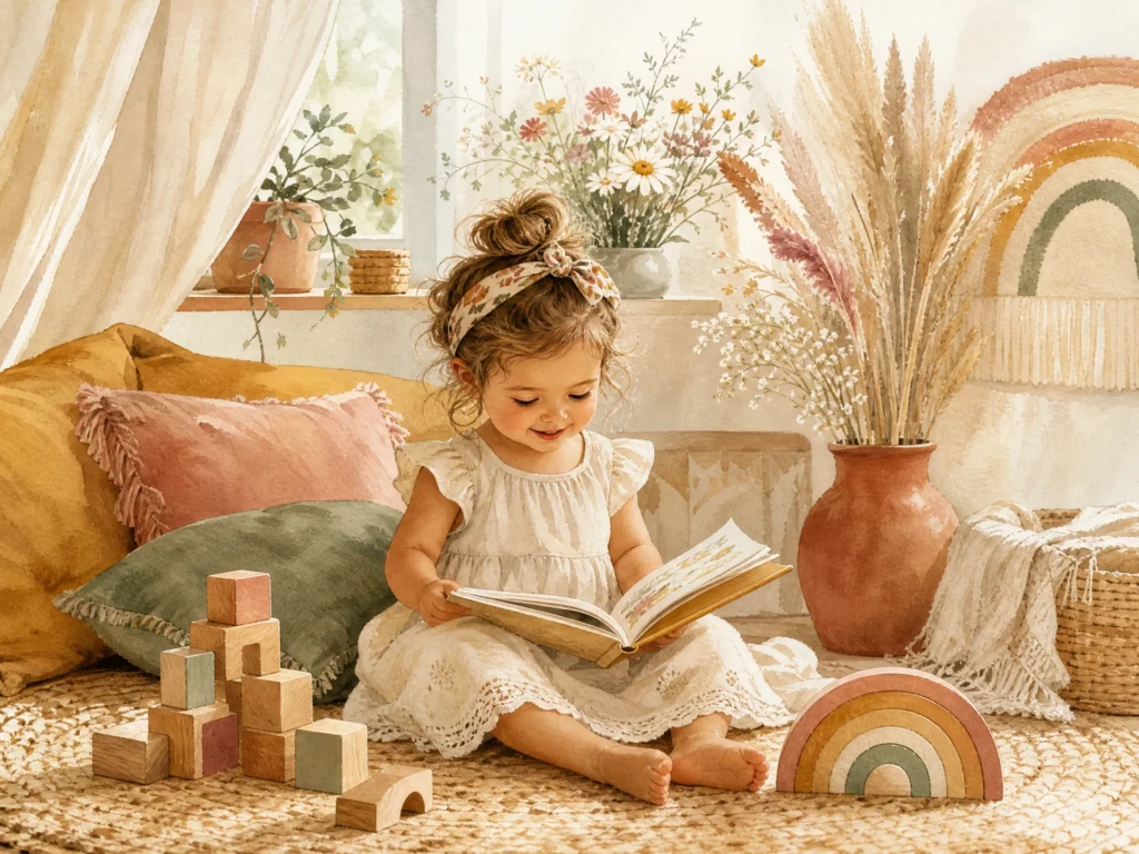 Bohemian girl names editorial illustration with a child reading among wildflowers, dried grasses, and rainbow decor