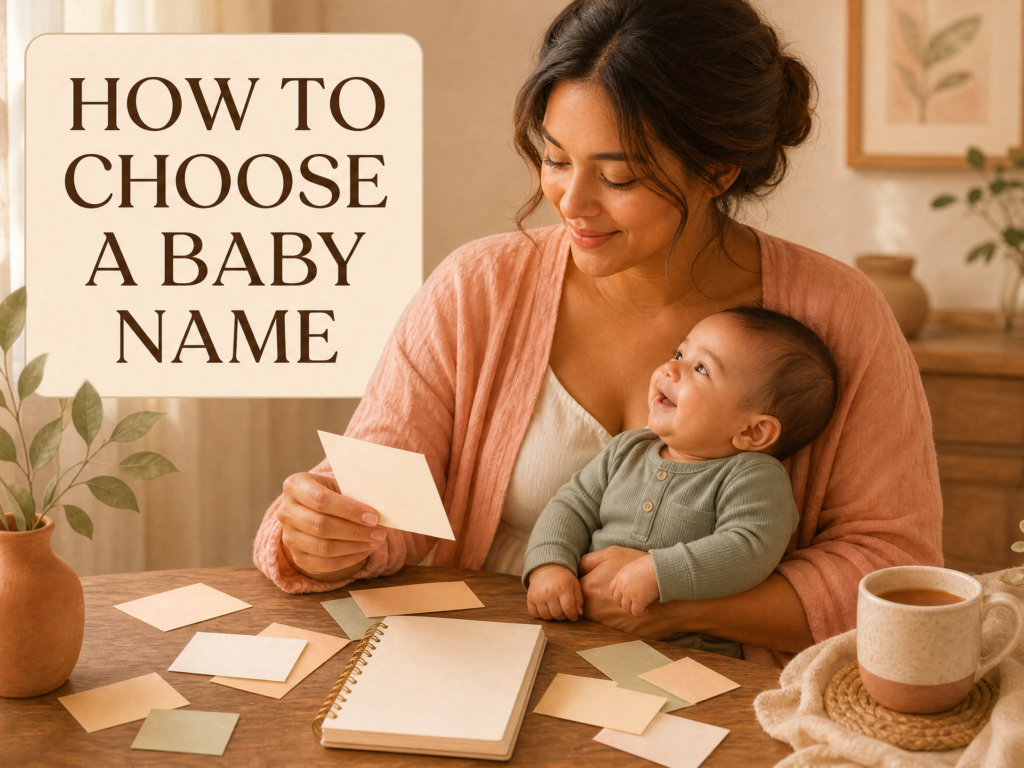A mother holding her baby boy while choosing a baby name with name cards