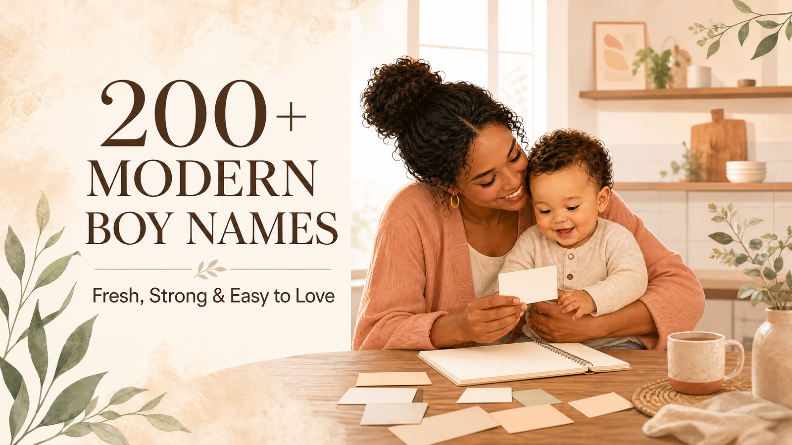 A mother cuddling her baby boy while choosing modern baby names