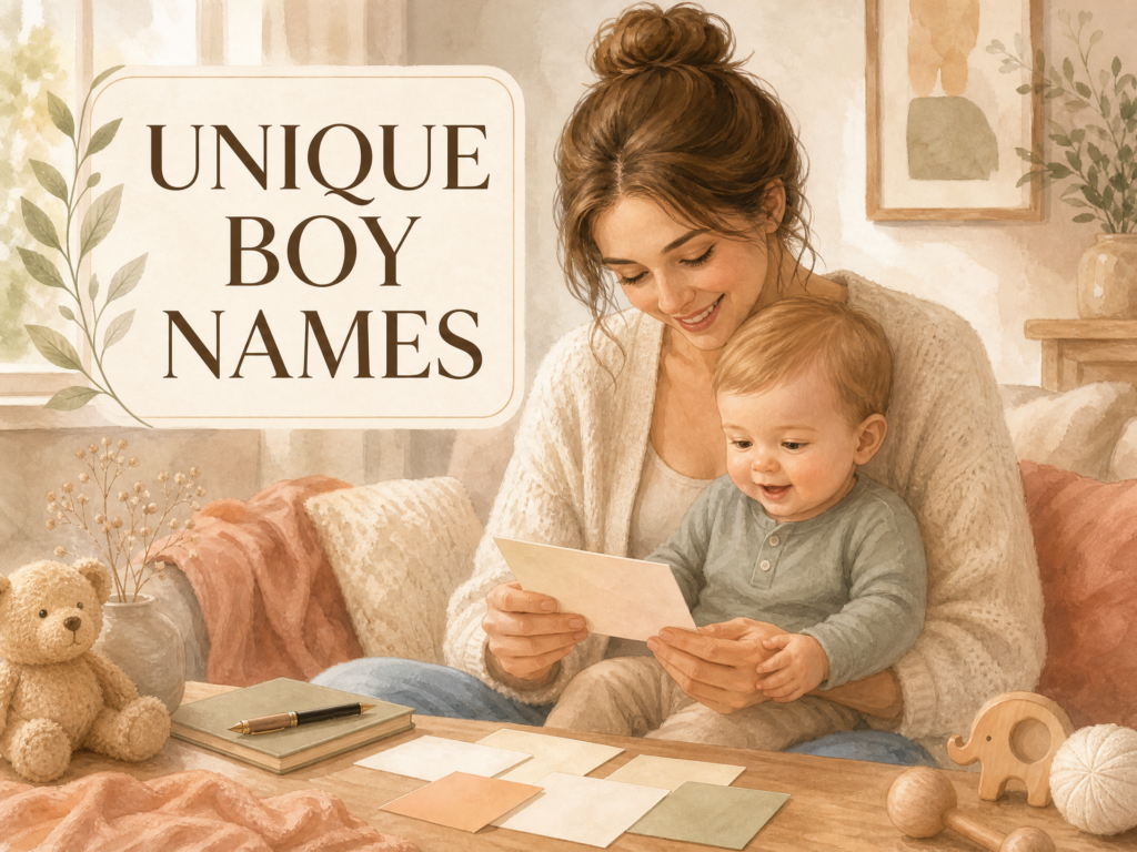 A mother and baby boy looking at name cards for unique boy names