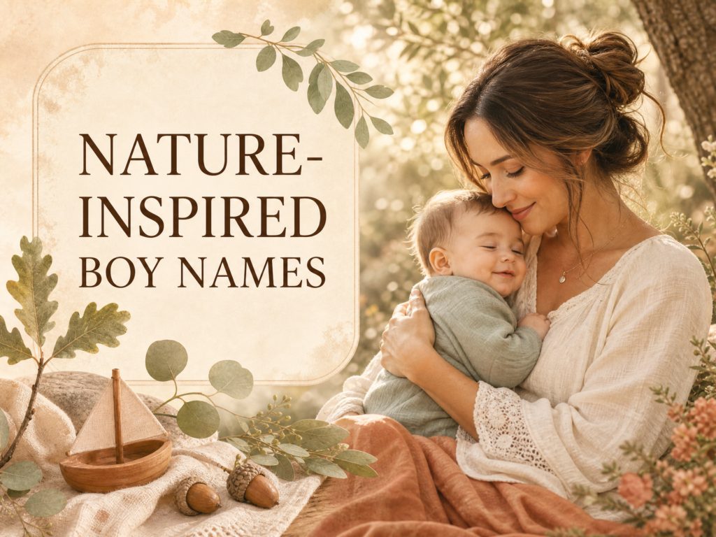 Nature-inspired baby boy name illustration with leaves, acorns, a wooden boat, and natural textures