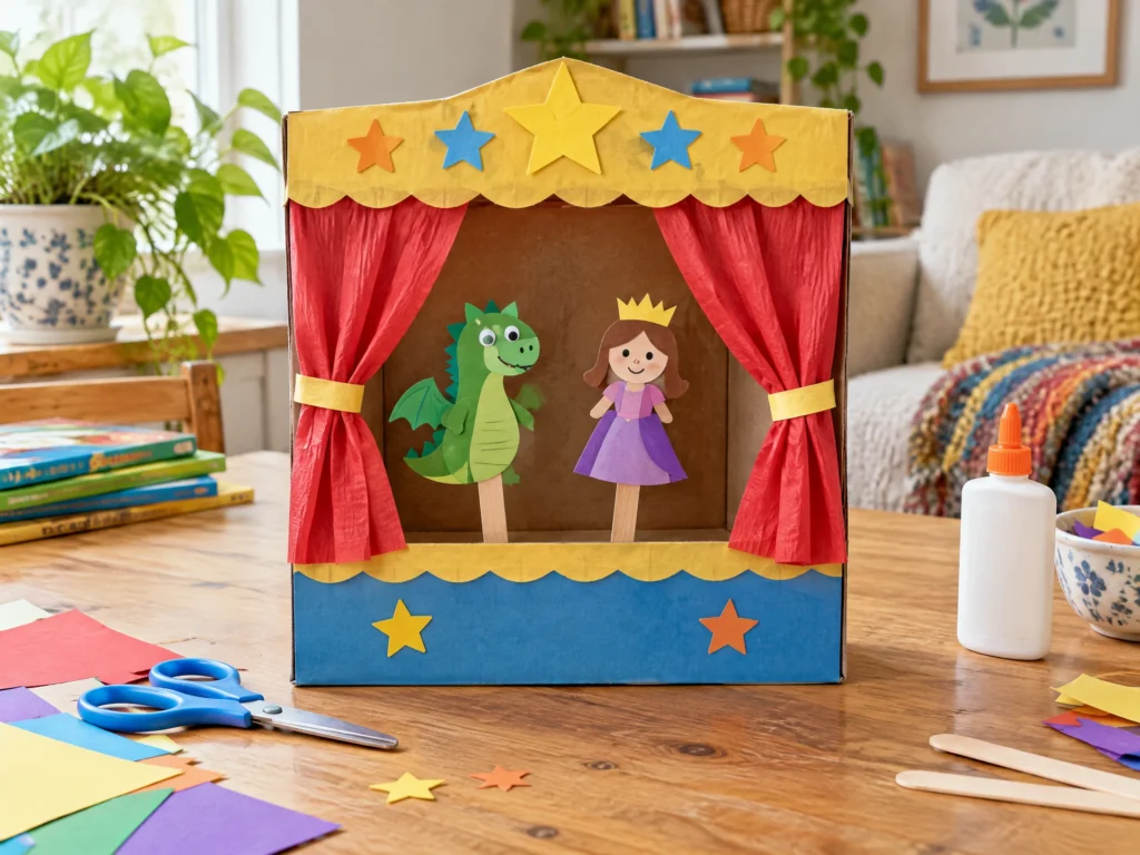 Recycled cereal-box puppet theater craft