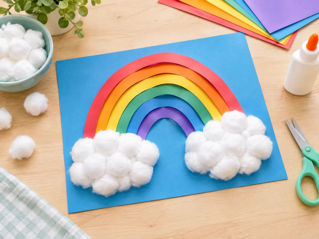 Cotton-ball cloud and rainbow craft
