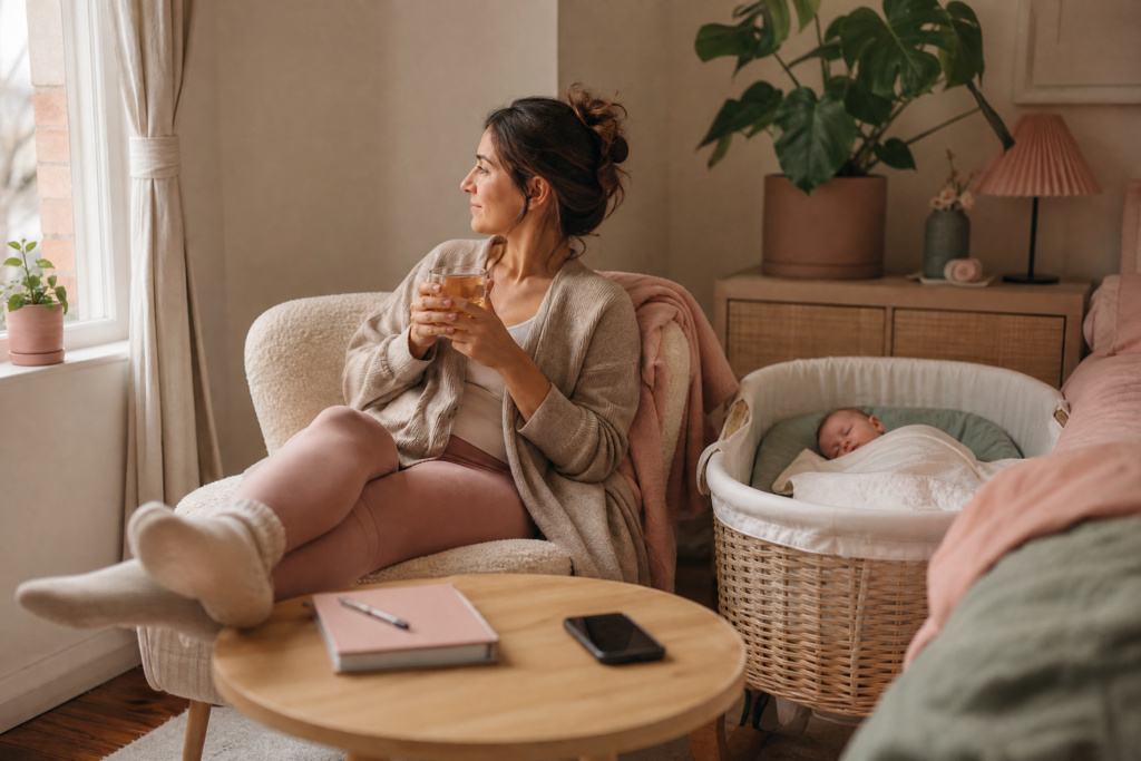 A mother taking a realistic five-minute pause with a warm drink while her newborn sleeps safely nearby