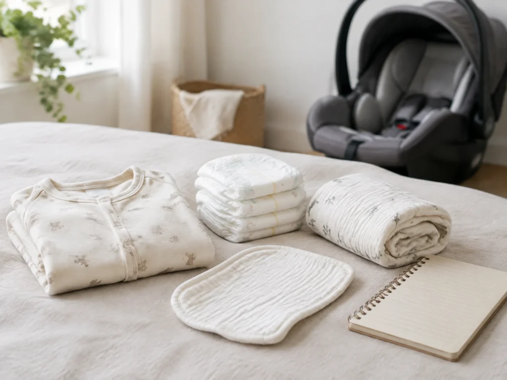 Newborn essentials arranged on linen with a cotton sleepsuit, diapers, muslin cloth, and notebook